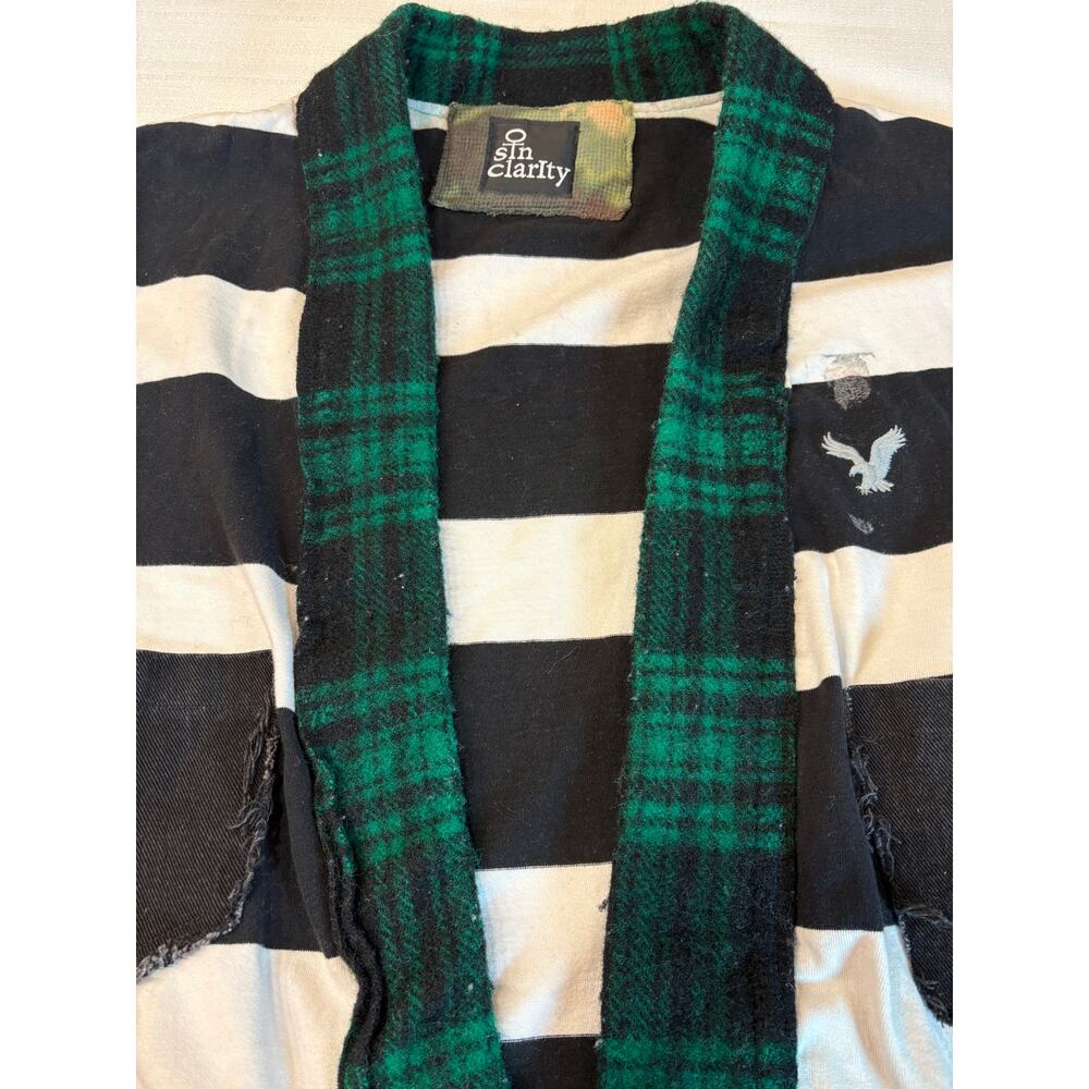 Sin Clarity Black & White Striped Shacket with Plaid Collar Upcycled - Picture 8 of 12